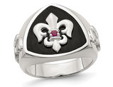 Men's Black Agate Fleur de Lis Ring with Accent Ruby in Sterling Silver 